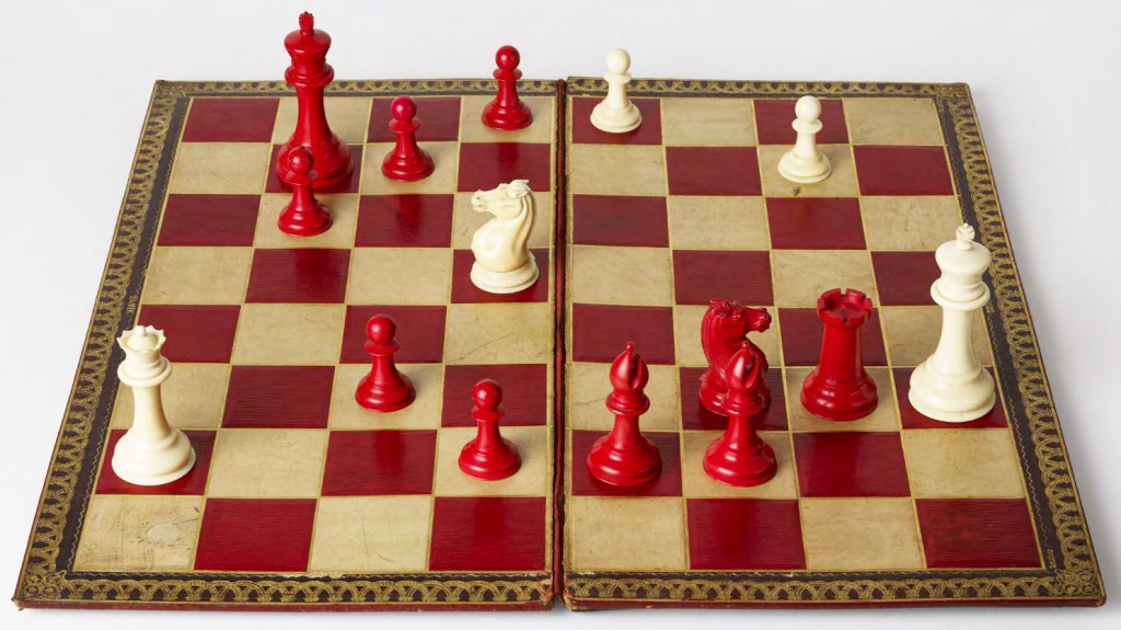 Top: An elaborate East India Company set made from ivory around 1830. Above: A red-and-white Staunton pattern made by Jaques of London in the late 19th century. All photographs by Kevin Dutton. Published by FUEL in association with World Chess by Agon Ltd.