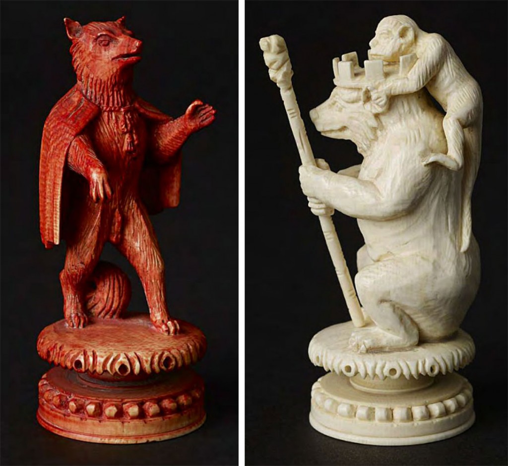 Theses late 19th-century ivory pieces were modeled on characters of a well-known fable, "Reynard the Fox."