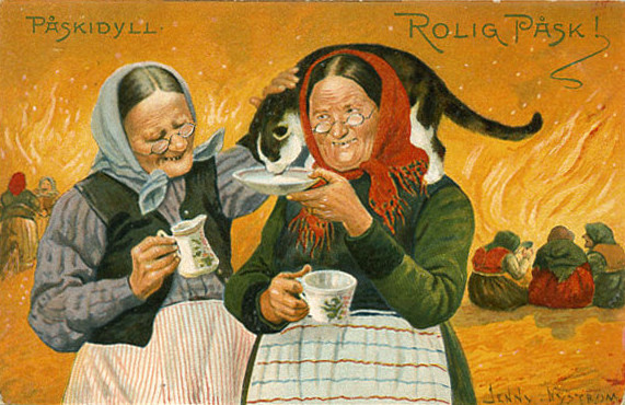 Turn-of-the-century illustrator Jenny Nystrom defined the image of the Easter Witch. Two hags nurture a cat at Blåkulla on a Nystrom postcard celebrating Easter idyll (Påskidyll) and Easter fun (Rolig Påsk). (Via Art Side)