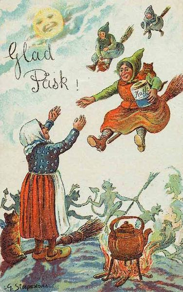 Witches arrive at the Devil's Sabbath with cats and coffee in tow in this vintage postcard. (Via MetroPostcard Blog)