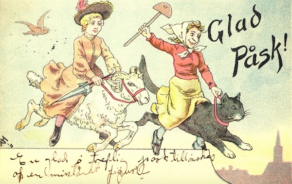 Top: An Easter Witch hurtles toward a lake as a fisherman looks on in a mid-20th century postcard by Lars "Lasse" Carlsson. Above: Easter Witches ride a ram and a large house cat on this Glad Påsk card. (Via On Faith)