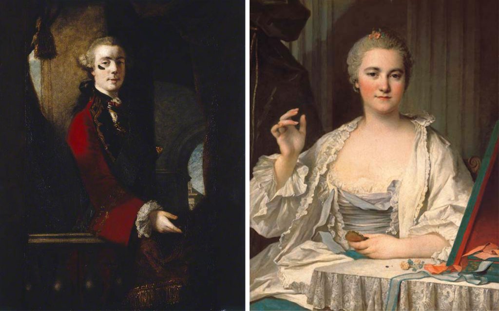 Top: Henry Robert Morland's 1769 painting, "The Fair Nun Unmasked," referenced the contrived appearance of prostitutes. (Via the <a href="http://www.leedsartgallery.co.uk/" target="_blank">Leeds Art Gallery</a>) Above left: Joshua Reynolds' portrait of Charles, 9th Lord Cathcart wearing a large face patch, c. 1753-1755. (Via the <a href="https://artuk.org/discover/artworks/charles-9th-lord-cathcart-205898" target="_blank">Manchester Art Gallery</a>) Above right: Louis Tocqué's 18th-century portrait, "<em>La Mouche</em>: A Lady at Her Toilet," captures a women applying beauty patches.