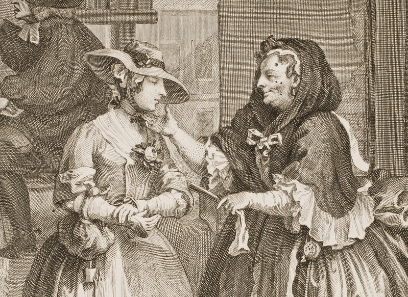 A detail of William Hogarth's "A Harlot's Progress," from 1732 shows Elizabeth Needham, the older prostitute dotted with patches, greeting fresh-faced Moll Hackabout. Via Wikimedia.