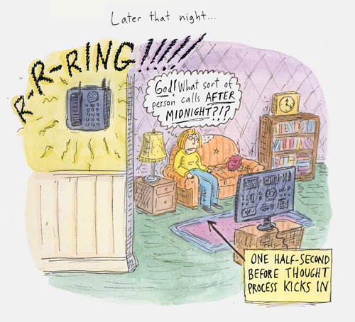 Later That Night, 2014. Illustration for Can’t We Talk About Something More Pleasant? (Bloomsbury, USA, New York). Watercolor and ink on paper. Image via the Norman Rockwell Museum. © Roz Chast. All rights reserved.