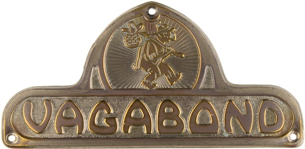 Vagabond's metal emblem for its mobile homes and travel trailer, circa 1940s-'50s, depicts a hobo with a bindle. (From Don't Call Them Trailer Trash, courtesy of Schiffer Publishing)