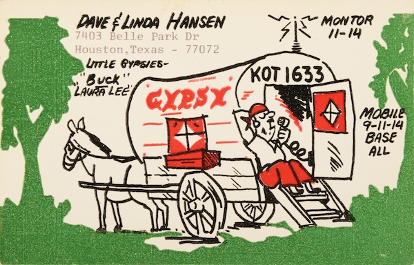 This QSL card from the 1970s shows a ham-radio antenna on top of a "gypsy" wagon. (From Don't Call Them Trailer Trash, courtesy of Schiffer Publishing)