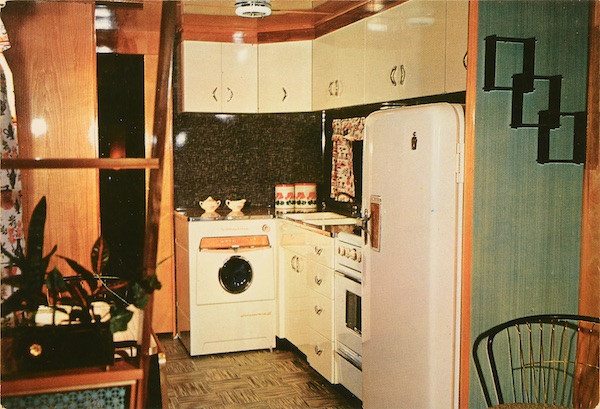 This advertising postcard for Geer Mobile Homes in Grand Island, Nebraska, circa 1950s-'60s, shows a Mid-Century Modern style kitchen with the latest appliances. (From Don't Call Them Trailer Trash, courtesy of Schiffer Publishing)