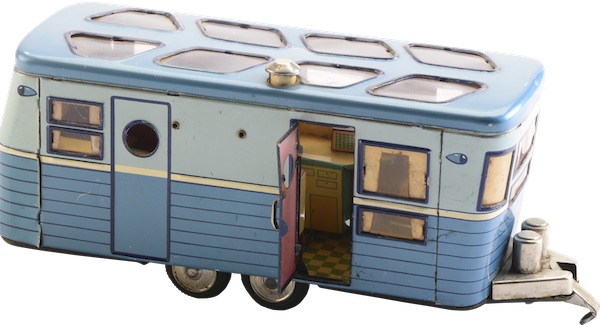 This 1950s tin toy, made in Japan, features a fully detailed interior of a "house trailer." (From Don't Call Them Trailer Trash, courtesy of Schiffer Publishing)
