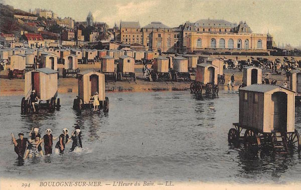 Beach bathing huts, or "L'Heure du Bain," were popular at the beach in Boulogne-sur-Mer in Northern France. (Via eBay)