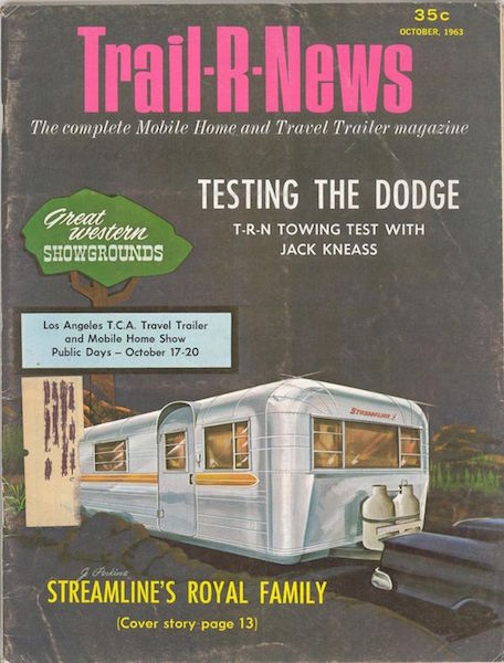 Streamline was a brand of Modernist airplane-fuselage-style trailers that competed with Airstream. The line was featured in the October 1963 issue of "Trail-R-News." (Via TomPatterson.com)
