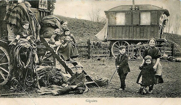 An undated postcard shows "gipsies", or Romani nomads, outside their horse carriages. (Via eBay)