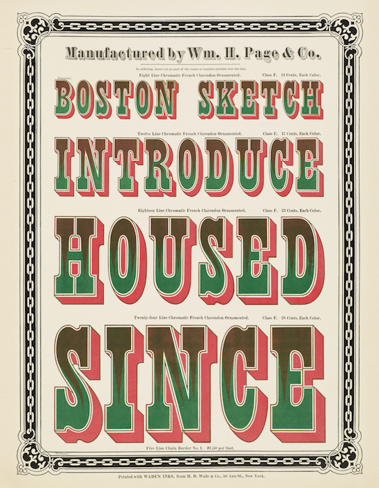 Two pieces of French Clarendon Ornamented wood type are required to achieve the three colors on display in this page from Specimens of Chromatic Wood Type, Borders, &c.