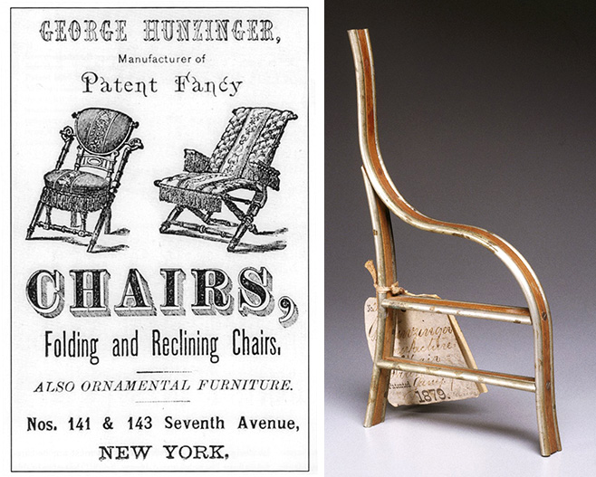 Left, an 1874 advertisement shows two Hunzinger designs patented in the 1860s. Via the Thomas J. Watson Library, Metropolitan Museum of Art, New York. Right, the model for Hunzinger's 1878 patent application displays a chair frame strengthened with strips of metal. Via the <a href="https://www.brooklynmuseum.org/opencollection/objects/148848" target="_blank">Brooklyn Museum</a>.