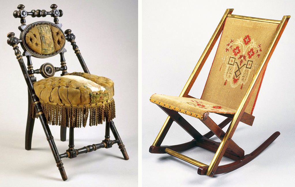 Top: A proto-modern Hunzinger design painted to resemble bamboo, circa 1876. Via <a href="https://www.1stdibs.com/furniture/seating/side-chairs/george-jakob-hunzinger-new-york-19th-century-rare-painted-chair-1876/id-f_960480/" target="_blank">1stDibs</a>. Above left, this chair's minimalist frame is partly obscured by lush period upholstery. Via the <a href="https://www.brooklynmuseum.org/opencollection/objects/2267" target="_blank">Brooklyn Museum</a>. Right, a folding rocking chair featuring original fabric, circa 1870, and Hunzinger's 1878 patent for metal rails (shown below). Via the <a href="https://www.brooklynmuseum.org/opencollection/objects/2036" target="_blank">Brooklyn Museum</a>.