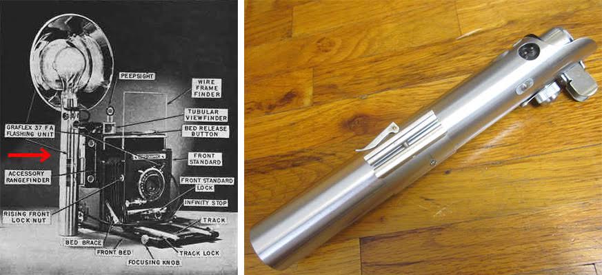 Luke Skywalker's first light saber handle was made from a 3-cell flashgun, patent #2310165, which powered the flash bulb for a 1943 Graflex Speed Graphic camera. (Via FX-Sabers.com) At right, a Graflex flash gun is being offered on eBay for $675 as a potential homemade light saber.