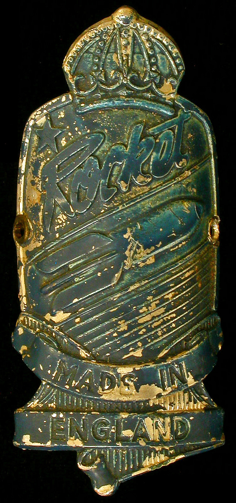 Conner's first headbadge was this pressed-aluminum Rocket piece.