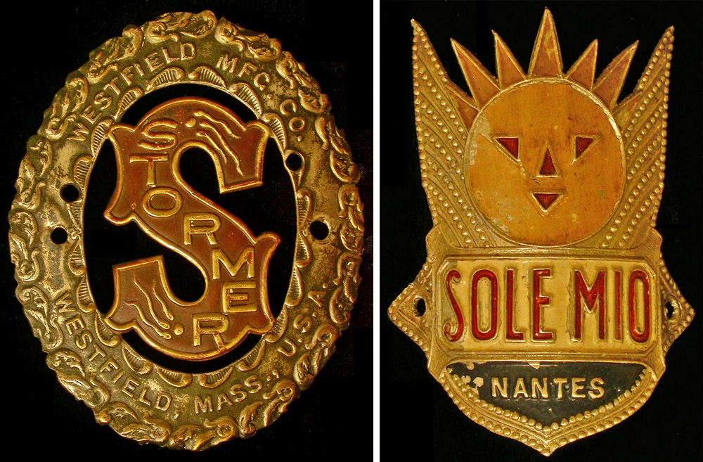 Left, a brass Stormer badge from Westfield, Massachusetts, with its unique sperm-and-egg depiction. Right, a graphic Sole Mio headbadge from Nantes, France.