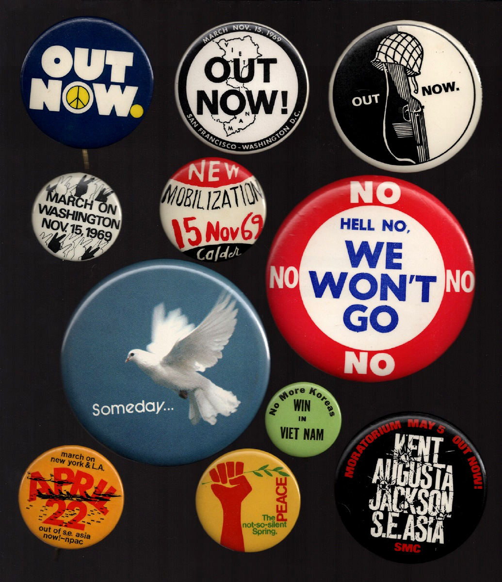 Top: A group of Americana pinbacks from Aisthorpe's collection. Above: Several of Aisthorpe's antiwar buttons, circa 1967-1971. (click to enlarge)