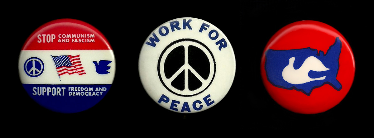 Three buttons designed by Larry Fox in the late 1960s.