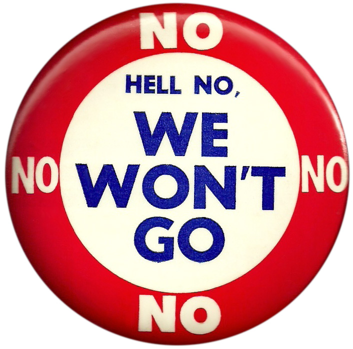 This button from the early 1970s features a popular antiwar chant.