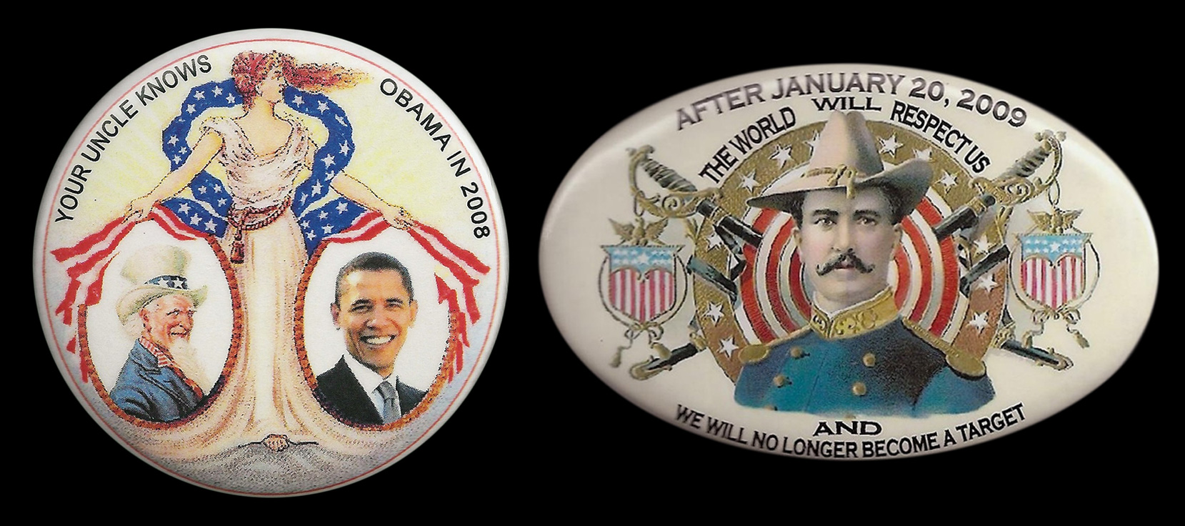 Two buttons designed by Guardfrog's Bob Alexander in 2008 with antique-looking imagery. (Click to enlarge.)