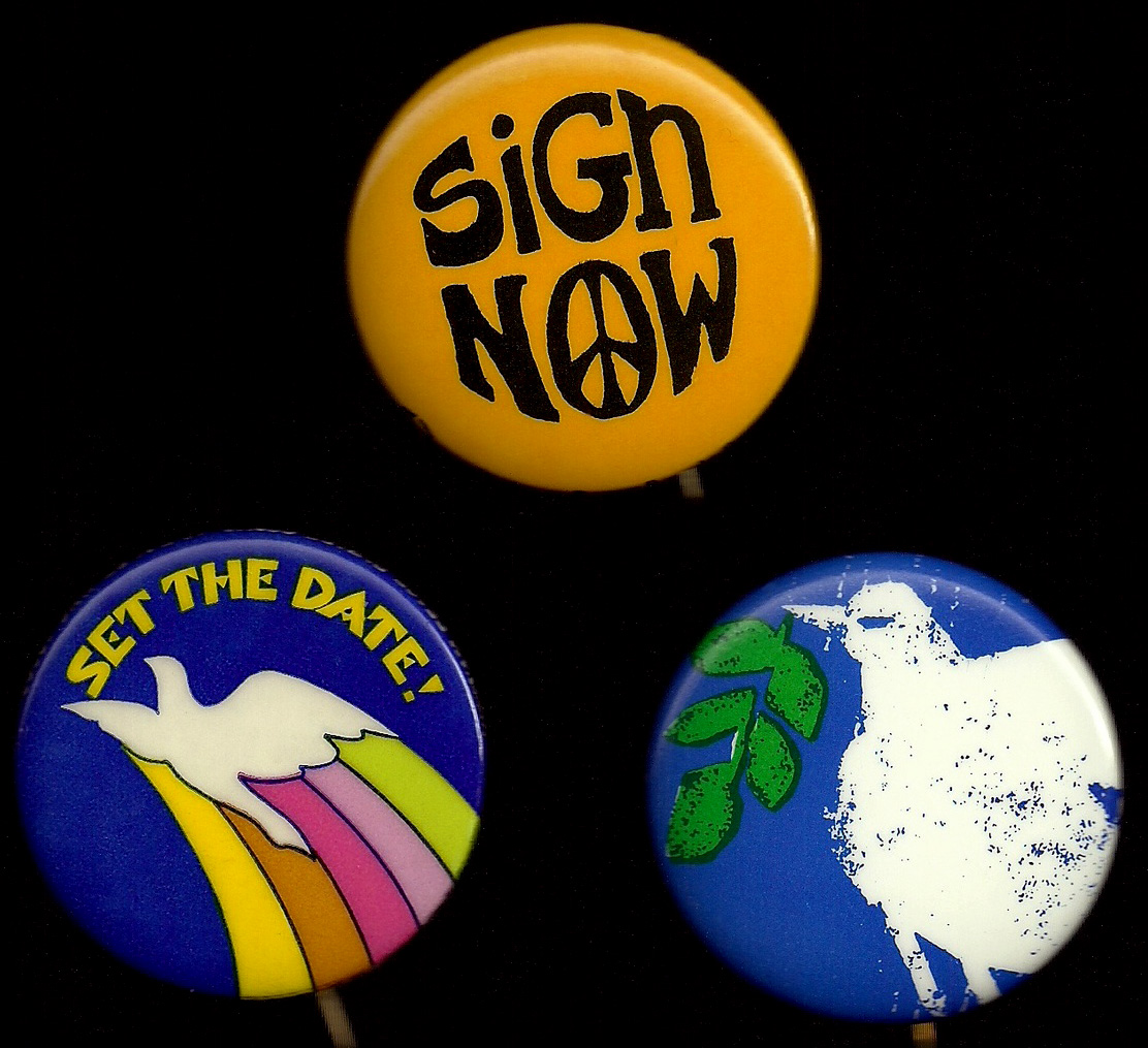 Three buttons for the Fifth Avenue Vietnam Peace Parade Committee from the early 1970s.
