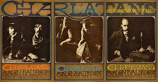 The Victorian-outlaw look of the Charlatans was captured best by photographer Herb Greene, whose photographs of the band were used in three posters by Rick Griffin and Robert Fried for shows at the Avalon Ballroom in May, June, and July of 1967.