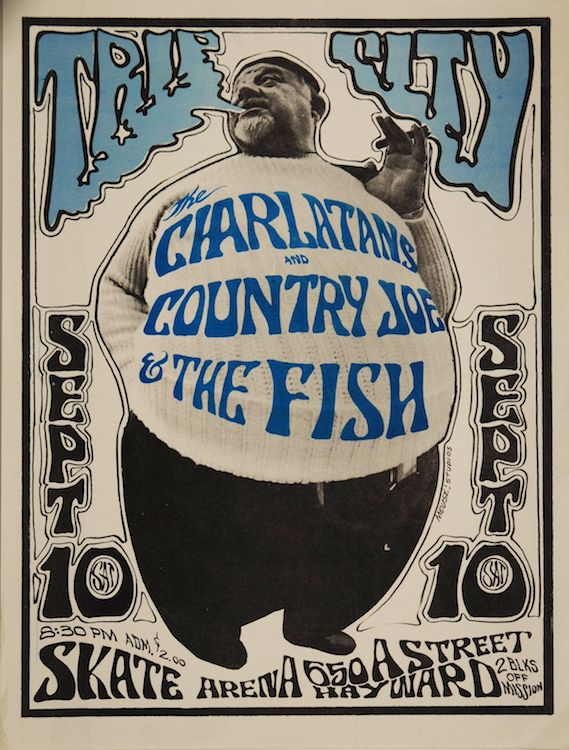 A rare East Bay gig for the Charlatans, with Country Joe & the Fish, in 1966. Poster by Stanley Mouse and Alton Kelley, via Psychedelic Poster Exchange.