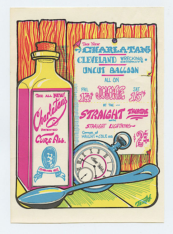 By the time of this June 1968 show at the Straight Theatre, Richard Olsen and Mike Wilhelm were the only two original members of the Charlatans in the band. Poster is by Nathan Terre.