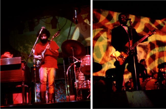 Although there were lost of places to see music in San Francisco in the late 1960s, the Fillmore and the Avalon were the two main dance halls. At left, Jerry Garcia performing with the Grateful Dead in 1968. At right, Bo Diddley performing at the Avalon in 1967. Both photos by Steve Fitch.