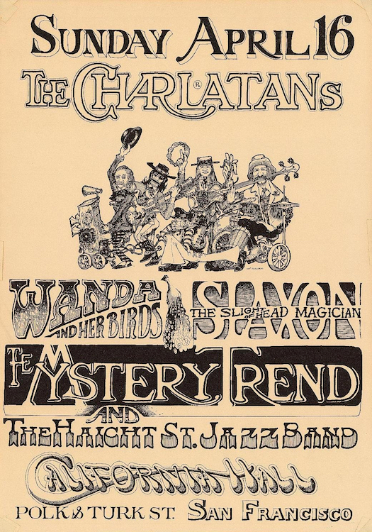 This poster from 1966 was designed by Mike Ferguson for one of the band's shows at California Hall. Via ClassicPosters.com.