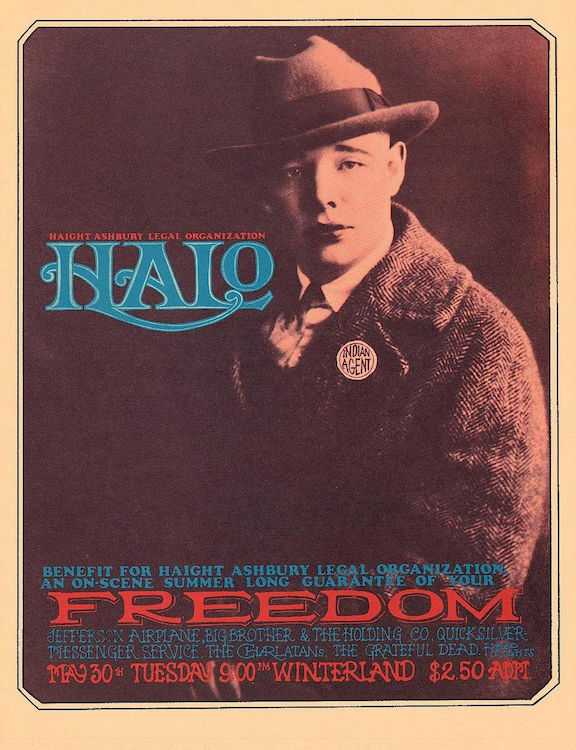 The Charlatans were supposed to open this 1967 benefit at Winterland, but when Mike Ferguson failed to arrive at the gig on time, Bill Graham kicked the band off the stage. Via ClassicPosters.com.