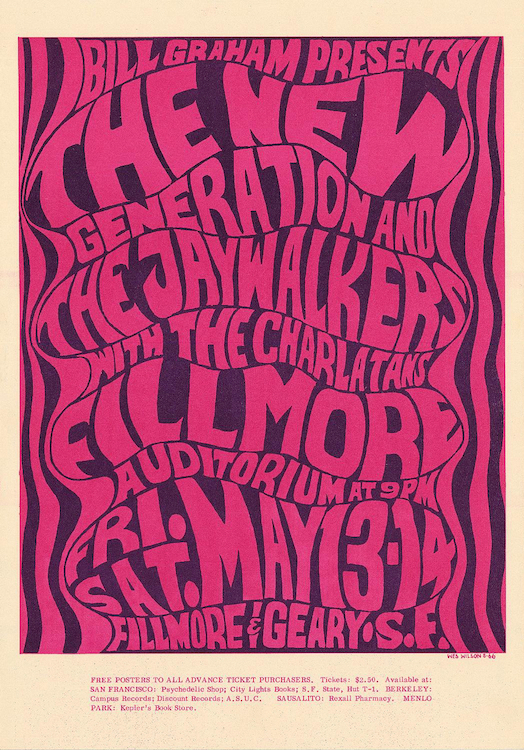 Around the same time as the party at Rancho Olompali, shown in the images above, the Charlatans were playing the Fillmore, as seen in this poster by Wes Wilson. Via ClassicPosters.com.