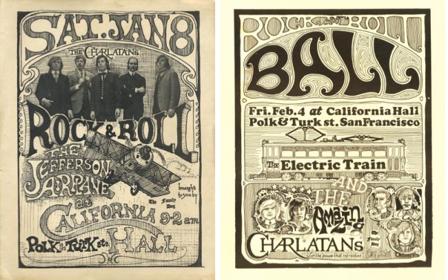 Along with the Family Dog and future Grateful Dead manager Rock Scully, George Hunter produced a pair of shows in early 1966 at California Hall. The first one with Jefferson Airplane was a huge success, but the second with Electric train was a bust. Hunter designed the first and collaborated with bandmate Ferguson on the second. Both via ClassicPosters.com.