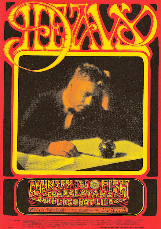 Richard Olsen of the Charlatans only learned that bandmate Dan Hicks had formed a band of his own when he saw this poster in January of 1968. That may be why Alton Kelley titled it “Heavy.” Within a few months, Hicks would leave the Charlatans for good. Via ClassicPosters.com.