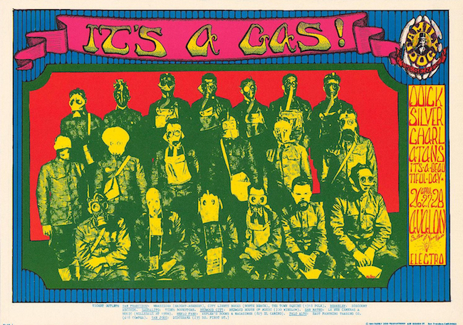 The Charlatans shared the bill with Quicksilver Messenger Service on numerous occasions. This poster from April 1968 is by Alton Kelley. Via ClassicPosters.com.
