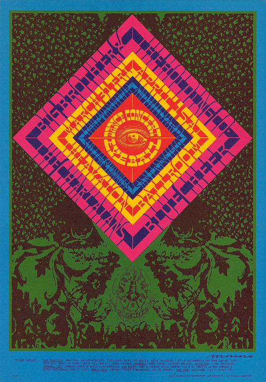 In March of 1967, the Charlatans shared a bill at the Avalon with Big Brother and the Holding Company and Blue Cheer. Poster by Victor Moscoso via ClassicPosters.com.