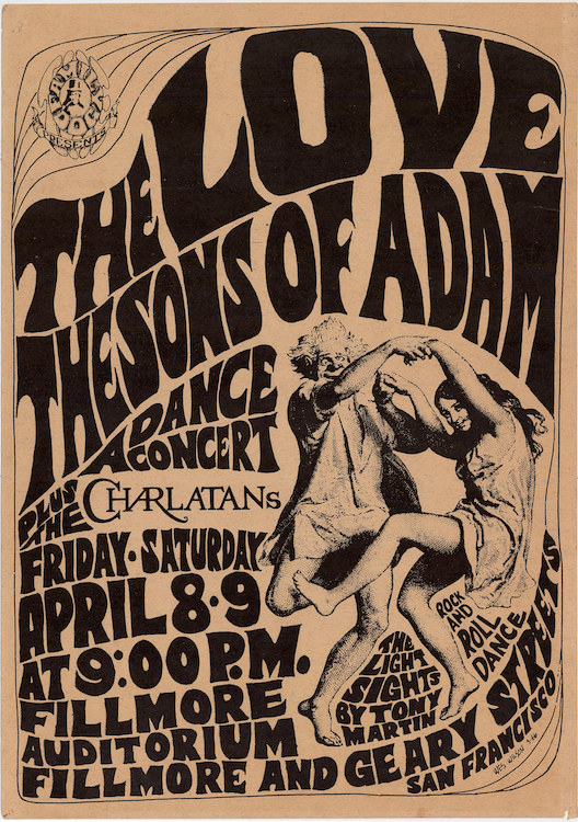 This early Wes Wilson poster from 1966 for a Family Dog show at the Fillmore includes Hunter’s Charlatans logo. Via ClassicPosters.com.