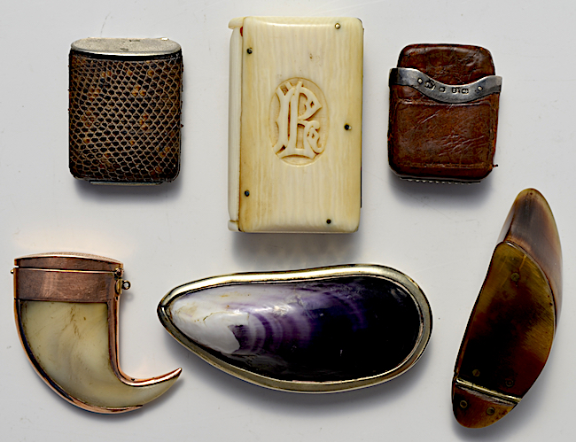 Victorian artisans were enthralled with the natural world, so it was little wonder that natural materials such as (clockwise from top left) snakeskin, ivory, leather, horn, shell, and tooth were used to construct match holders.