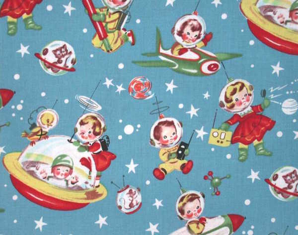 On this mid-century fabric, toddler boys and girls, as well as cats, mice, and birds, make the Space Race look just adorable. (Via eBay)