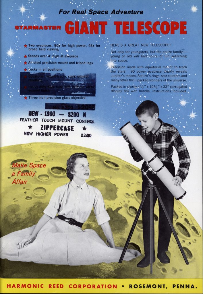 This page from a Starmaster Scientific Toy brochure depicts stargazing as an activity that brings the family together—even if the mom only watches her son use the telescope. Click on the image to see a larger version of it. (From Innocent Experiments, courtesy of The Strong)