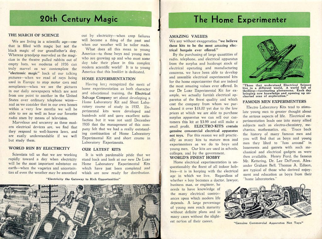 The instruction manual for the 1936 Electro Experimental Kits begins, "We are living in a scientific age—one that is filled with magic but not the black magic of our grandfather's day." The other page cites Edison and Henry Ford as home experimenters who learned science in their basements. Click on the image to see it larger. (Via eBay)