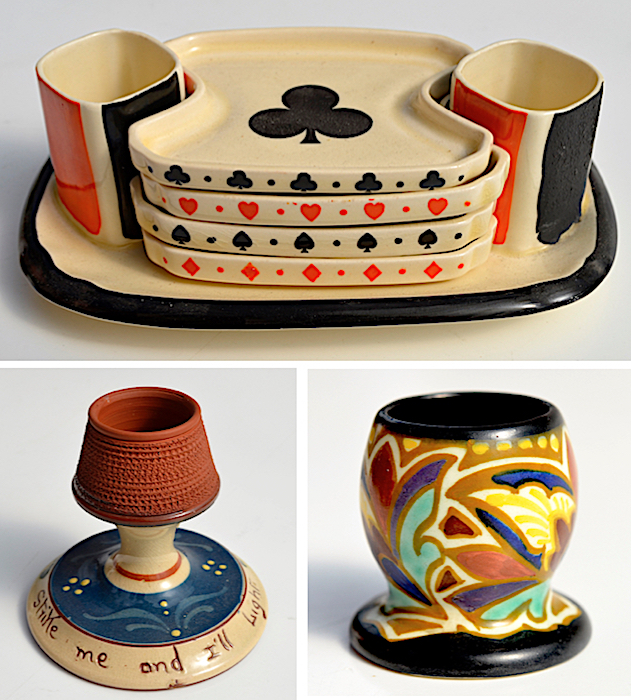 Three examples of ceramic match holders by (clockwise from top) Royal Doulton, Gouda, and Torquay potteries.